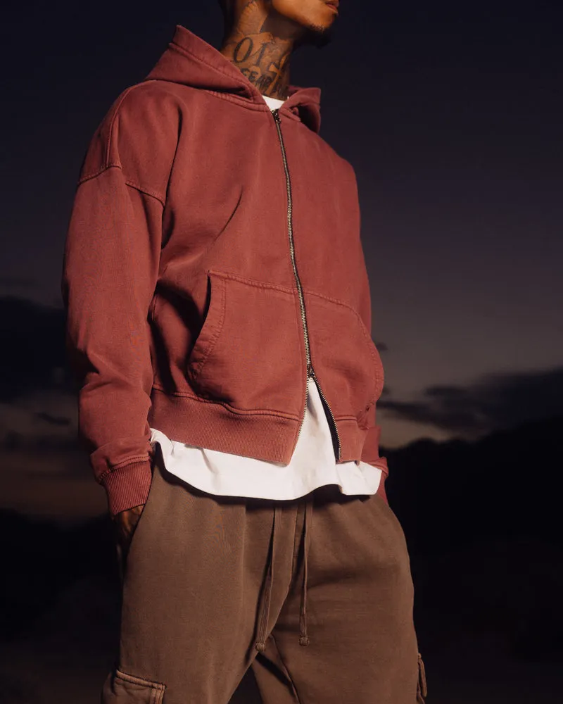 Vintage Burgundy Drop Shoulder Zip Hoodie