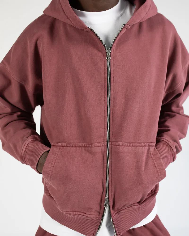 Vintage Burgundy Drop Shoulder Zip Hoodie