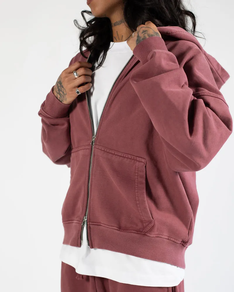 Vintage Burgundy Drop Shoulder Zip Hoodie