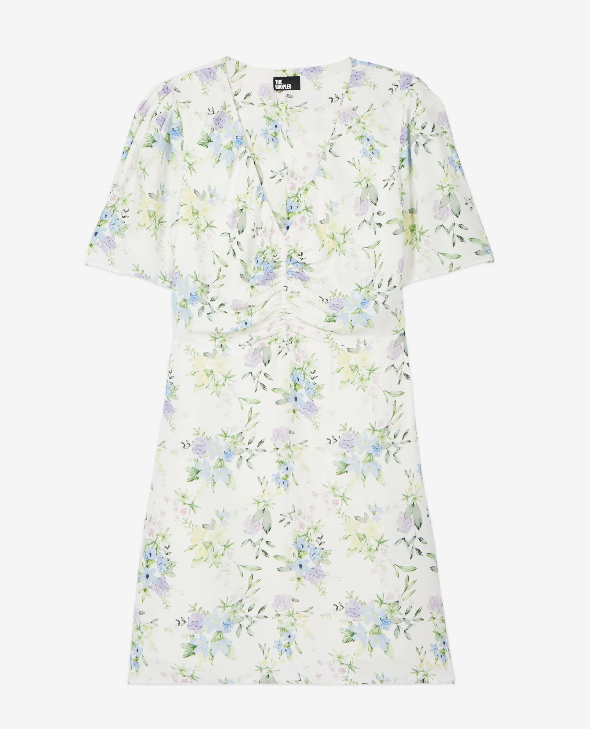 White floral short sleeve short dress with shirring