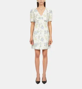 White floral short sleeve short dress with shirring