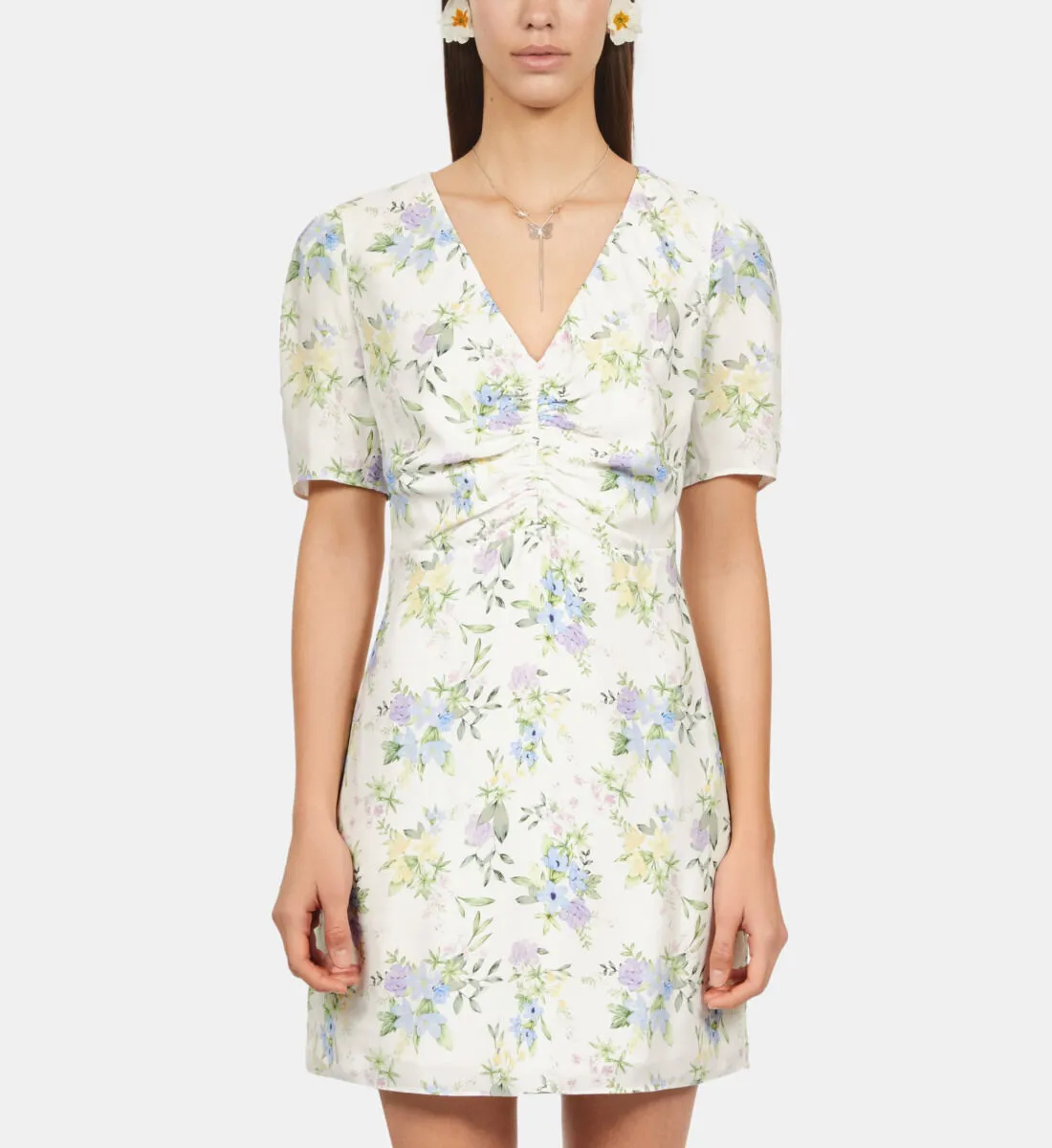 White floral short sleeve short dress with shirring