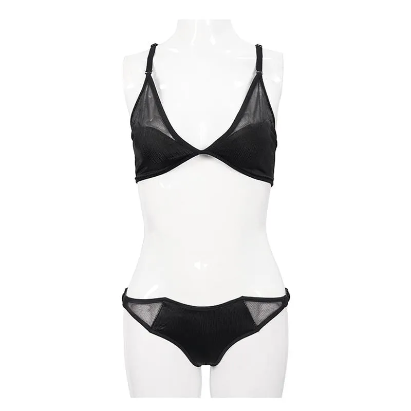 Women's Gothic Black Net Overlay Triangle Bikini